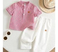 2 pezzi Set di camicia casual da bambino con colletto alla coreana grigio e pantaloni a vita elastica a righe, adatto per feste di compleanno, feste serali, performance, matrimoni, festa di nascità, c