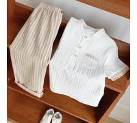 2 pezzi Set di camicia casual e pantaloni a vita elastica a righe per ragazzo, adatto per festa di compleanno, rave, festa serale, performance, matrimonio, festa di nascità, battesimo, 1° compleanno, 