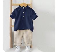 2 pezzi Set di camicia con colletto alla coreana grigia e pantaloni a vita elastica a righe per bambino, adatto per feste di compleanno, feste serali, performance, matrimoni, festa di nascità, celebra