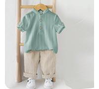 2 pezzi Set di camicia con colletto alla coreana grigia e pantaloni a vita elastica a righe per bambino, adatto per feste di compleanno, feste serali, performance, matrimoni, festa di nascità, celebra