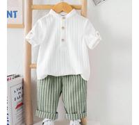 2 pezzi Set di camicia con colletto alla coreana grigia e pantaloni a vita elastica a righe per bambino, adatto per feste di compleanno, feste serali, performance, matrimoni, festa di nascità, celebra
