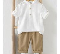 2 pezzi Set di camicia con colletto alla coreana grigia e pantaloni a vita elastica a righe per bambino, adatto per feste di compleanno, eventi serali, performance, matrimoni, festa di nascità, celebr