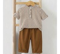 2 pezzi Set di camicia con colletto alla coreana grigia e pantaloni a vita elastica a righe per bambino, adatto per feste di compleanno, feste serali, performance, matrimoni, festa di nascità, celebra