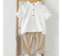 2 pezzi Set di camicia con colletto alla coreana grigia e pantaloni a vita elastica a righe per bambino, adatto per festa di compleanno, festa serale, performance, matrimonio, festa di nascità, celebr