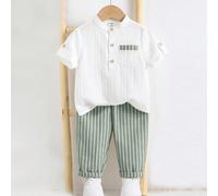 2 pezzi Set di camicia con colletto alla coreana grigia e pantaloni a vita elastica a righe per bambino, adatto per feste di compleanno, feste serali, performance, matrimoni, festa di nascità, celebra