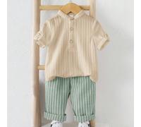 2 pezzi Set di camicia con colletto alla coreana grigia e pantaloni a vita elastica a righe per bambino, adatto per feste di compleanno, feste serali, performance, matrimoni, festa di nascità, celebra