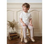 2 pezzi Set di camicia con colletto alla coreana grigia e pantaloni a vita elastica a righe per bambino, adatto per feste di compleanno, feste serali, performance, matrimoni, festa di nascità, celebra
