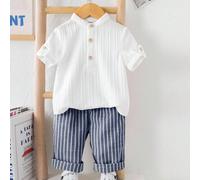2 pezzi Set di camicia con colletto alla coreana grigia e pantaloni a vita elastica a righe per bambino, adatto per feste di compleanno, feste serali, performance, matrimoni, festa di nascità, celebra