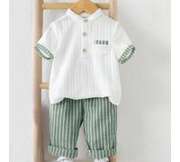 2 pezzi Set di camicia con colletto alla coreana grigia e pantaloni a vita elastica a righe per bambino, adatto per feste di compleanno, feste serali, performance, matrimoni, festa di nascità, celebra