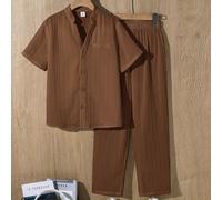 2 pezzi Set di camicia e pantaloni per ragazzi pre-adolescenti, in tessuto con trama a onde, colore marrone, adatto per pendolarismo, scuola, uso casual quotidiano, sport, primavera/estate 7Y,8Y,9Y,10