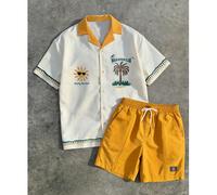 2 pezzi Set di camicie casual e larghe da uomo, stile retrò, colletto alla coreana, stampa a blocchi di colore e botanica, outfit da spiaggia per uomo L,M,S,XL,XXLGeometrico,Lettere,PianteTessuto