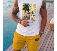 2 pezzi Set di canotta aderente e pantaloncini con stampa di cocco e lettera, stile casual elegante per vacanza, perfetto per l'estate, appuntamenti, feste, regalo ideale per il fidanzato, outfit da s
