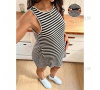 2 pezzi Set di canotta da maternità a righe con scollo tondo e spacco laterale sull'orlo e pantaloncini con vita regolabile L,M,S,XL,XXLA strisceTessuto in maglia