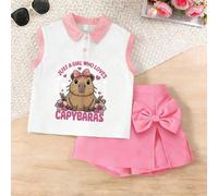 2 pezzi Set di canotta e pantaloncini con stampa di capibara, casual e alla moda, abbigliamento per bambini popolare e amato dalle ragazze adolescenti 6Y,7Y,8Y,9Y,10Y,4Y,5Y,11Y,12YFumetto,Lettere,Pian