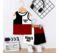 2 pezzi Set di canotta e pantaloncini stampati per bambino, con blocchi di colore, patch e stampa "MAMA'S BOY", adatto per primavera ed estate 6-9M,9-12M,12-18M,18-24M,2-3YBlocchi di colore,Grafico,Le