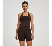 2 pezzi Set di canotta elastica con spalline sottili incrociate e schiena scoperta + pantaloncini sportivi da donna, outfit sportivo alla moda color marrone caffè, adatto per palestra, sollevamento pe