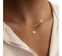 2 pezzi Set di collane con pendente a forma di stella e lettera in acciaio inossidabile, sovrapponibili, per donna L,M,S,H,A,T,O,B,C,D,E,F,G,I,J,K,N,P,R,V,W,Y,ZAcciaio inossidabile