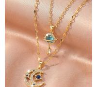 2 pezzi/set di collane dorate, ispirate alla luna crescente e alle stelle, decorate con occhio di gatto blu, pietre preziose ed elementi planetari, adatte per le donne da indossare durante la stagione