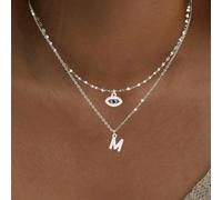 2 pezzi Set di collane minimaliste in acciaio inossidabile con pendente a forma di lettera e occhio, catena a labbra per donne L,M,S,H,A,T,O,B,C,D,E,F,G,I,J,K,N,P,R,V,W,Y,ZAcciaio inossidabile