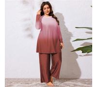 2 pezzi Set di costumi da bagno modesti con scollo rotondo, maniche lunghe e stampa sfumata, adatti per donne di taglia grande del Medio Oriente 0XL,1XL,2XL,3XL,4XLColore unicoTessuto in maglia
