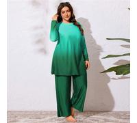 2 pezzi Set di costumi da bagno modesti con scollo rotondo, maniche lunghe e stampa sfumata, adatti per donne di taglia grande del Medio Oriente 0XL,1XL,2XL,3XL,4XLColore unicoTessuto in maglia