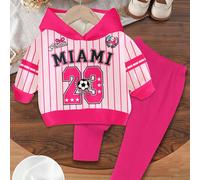 2 pezzi Set di felpa ampia e pantaloni da bambina in stile casual chic, con stampa del numero 23 di Miami, righe rosa dolci, decorazione con fiocco, tema calcio, stile preppy e sportivo 6-9M,9-12M,12-