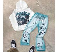 2 pezzi Set di felpa con cappuccio e pantaloni casual e ampi per ragazzo pre-adolescente, con grafica della Statua della Libertà, fiamme e fiamme nere, adatto per autunno/inverno 8Y,9Y,10Y,11Y,12YRitr