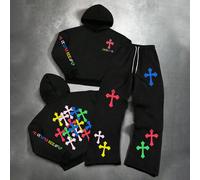 2 pezzi Set di felpa con cappuccio e pantaloni della tuta da uomo con stampa grafica colorata a croce e slogan New York, outfit autunnale L,M,S,XL,XXLTessuto in maglia