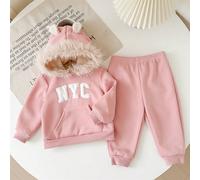 2 pezzi Set di felpa con cappuccio e pantaloni foderati termici, a maglia in pile soffice, con orecchie 3D e ricamo a lettera, adatto per uscite, feste e altre occasioni, autunno/inverno 6-9M,9-12M,12