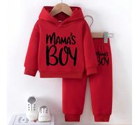 2 pezzi Set di felpa con cappuccio e pantaloni in pile con stampa di lettere per bambino, adatto per uscite in autunno/inverno, Set di felpa con grafica "MAMA'S BOY" 6-9M,9-12M,12-18M,18-24M,2-3YLette