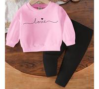 2 pezzi Set di felpa girocollo a maniche lunghe e leggings con motivo minimal di lettere d'amore e cuori per ragazze, adatto per autunno/inverno, per uscite quotidiane e abbigliamento scolastico 6Y,7Y