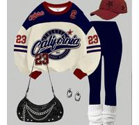 2 pezzi Set di felpa girocollo a maniche lunghe e leggings, stile sportivo retrò con grafica di lettere e numeri, stile universitario, adatto per il ritorno a scuola, ispirato alle maglie sportive, ad