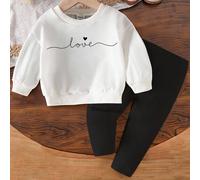 2 pezzi Set di felpa girocollo bianca con stampa minimal di lettere d'amore e cuori e leggings neri, outfit casual alla moda per bambine, adatto per autunno/inverno e uso quotidiano 6Y,7Y,4Y,5YAnimale
