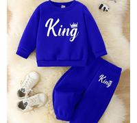 2 pezzi Set di felpa girocollo e pantaloni per bambini piccoli, con stampa grafica della corona e della scritta "KING", stile casual e semplice, outfit autunnale 6-9M,9-12M,12-18M,18-24M,2-3YTessuto i