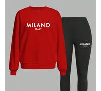 2 pezzi Set di felpa girocollo larga con stampa a lettera MILANO e leggings skinny, adatto per primavera e autunno L,M,S,XL,XS,XXL,XXS,XXXL,XXXXLLettereTessuto in maglia