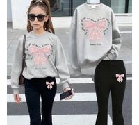 2 pezzi Set di felpe con cappuccio a maniche lunghe con stampa di fiocchi e slogan, morbido e carino, moda per ragazze, adatto per uscite al lago, estate-autunno 6Y,7Y,8Y,9Y,10Y,4Y,5Y,14Y,11Y,12Y,13Y,