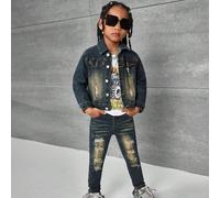 2 pezzi Set di giacca a maniche lunghe con colletto strappato in jeans blu e pantaloni skinny elasticizzati per ragazzo giovane 6Y,7Y,4Y,5YGraficoDenim