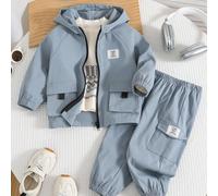 2 pezzi Set di giacca con cappuccio e pantaloni in vita elastica blu carino e versatile per bambino in autunno/inverno, Abbigliamento invernale per bambino, Set blu per bambino, Tuta con zip per bambi