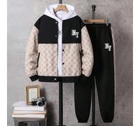 2 pezzi Set di giacca con stampa e pantaloni della tuta neri per ragazzi adolescenti, outfit casual sportivo adatto per la scuola, attività all'aperto, fotografia, varie occasioni, tessuto morbido e c