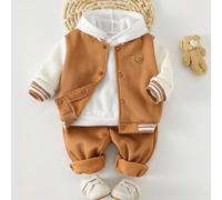 2 pezzi Set di giacca da baseball con grafica di orsetto a contrasto di colore e collo a giro, e pantaloni con vita elastica per bambino 6-9M,9-12M,12-18M,18-24M,2-3YBlocchi di colorePoliestere