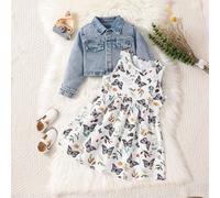 2 pezzi Set di giacca di jeans corta con colletto alla Peter Pan e abito a fantasia di farfalle, per ragazze giovani 6Y,7Y,4Y,5Y,2-3YFloreale,PianteDenim,Tessuto in maglia