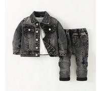 2 pezzi Set di giacca in jeans nero consumato e pantaloni skinny elasticizzati per bambini/bambini piccoli 6-9M,9-12M,12-18M,18-24M,2-3YAnimaleDenim