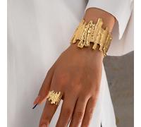 2 pezzi Set di gioielli stile boho chic per donna, bracciale aperto asimmetrico con texture geometrica effetto corteccia rugosa, anello regolabile, adatto come accessorio quotidiano, per vacanze, appu