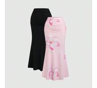 2 pezzi Set di gonne da donna eleganti per festa, composto da una gonna a sirena di colore unito e una gonna con stampa floreale L,M,S,XL,XS,XXL,XXSTessuto in maglia