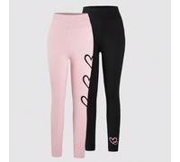 2 pezzi Set di leggings minimalisti con stampa a cuore per adolescenti - Nero e rosa, comodi 14Y,12Y,13Y,16Y,15YCuoreTessuto