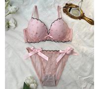 2 pezzi Set di lingerie da donna con reggiseno a balconcino ricamato con fiori rosa, con ferretto, imbottito, fiocco in pizzo, in stile romantico campagnolo 70B,75B,75C,80B,80C,85BPianteRicamo