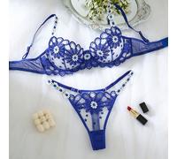 2 pezzi Set di lingerie in rete blu semi-trasparente, comoda e traspirante, con ricamo floreale a margherita, sexy e traforata. Set casual e pigro da donna in 2 pezzi, dolce e confortevole, con reggis