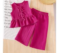 2 pezzi Set di maglietta a collo tondo senza maniche con colletto arricciato e fiocco decorativo e pantaloni in vita elastica, per bambine, colore blu navy, comodo e carino per primavera, estate e aut