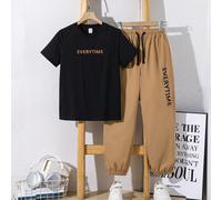 2 pezzi Set di maglietta a girocollo a maniche corte con grafica a lettera e pantaloni cargo in vita elastica per ragazzi pre-adolescenti, casual, comodi, alla moda, minimalisti, pratici, versatili e 