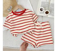 2 pezzi Set di maglietta a girocollo a righe e pantaloncini in maglia per bambina 6-9M,9-12M,12-18M,18-24M,2-3YA striscePoliestere